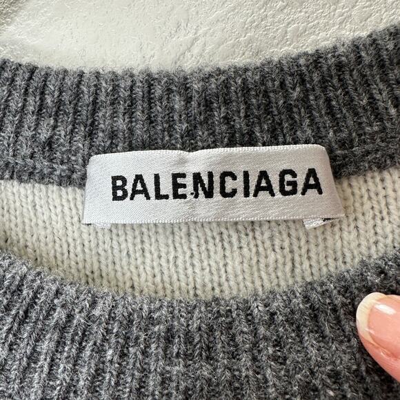 Balenciaga Dark Gray Long Sleeve White Logo'd Crew Neck Sweater L - Picture 10 of 15